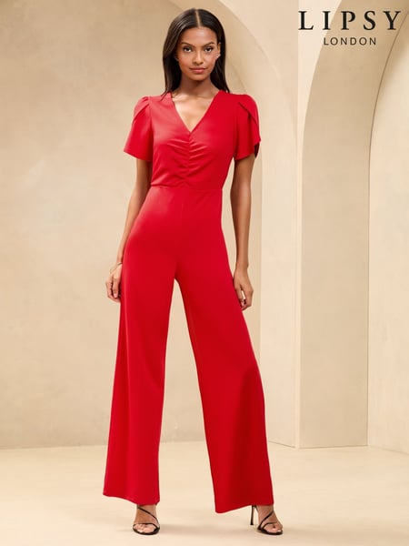 Red Short Sleeve Ruched Front V-Neck Jumpsuit (AT7253) | € 87