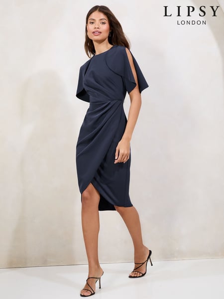 Navy Petite Cape Sleeve Gathered Side Midi Bodycon Dress (AT7256) | € 81
