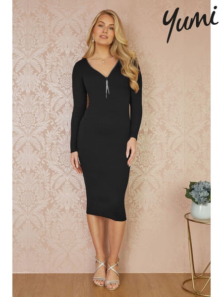 Yumi Black Rib Fitted Midi Dress With Diamante Detail Zip Neckline (AT7590) | € 86