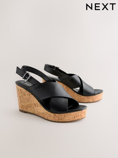 Schwarz - Forever Comfort® Leather Round Toe Cross-Over Slingback Platform Wedges (AT7955) | 71 €