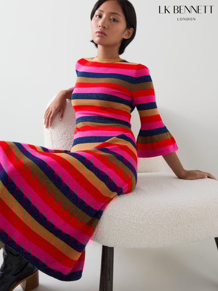 LK Bennett Red Alice Petite Pink Multi Stripe Metallic Knit Frill Dress (AT8025) | € 194