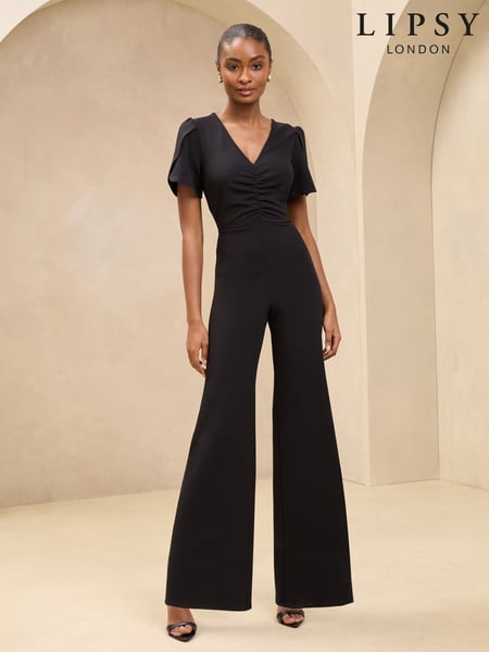 Black Short Sleeve Ruched Front V-Neck Jumpsuit (AT8452) | € 87