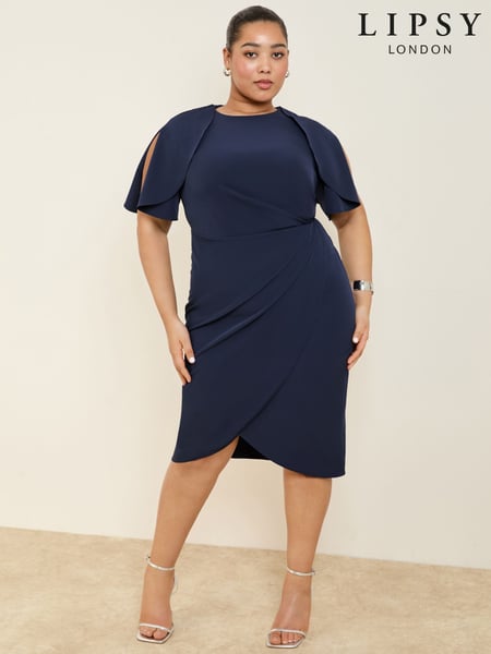 Navy Curve Cape Sleeve Gathered Side Midi Bodycon Dress (AT8497) | € 81