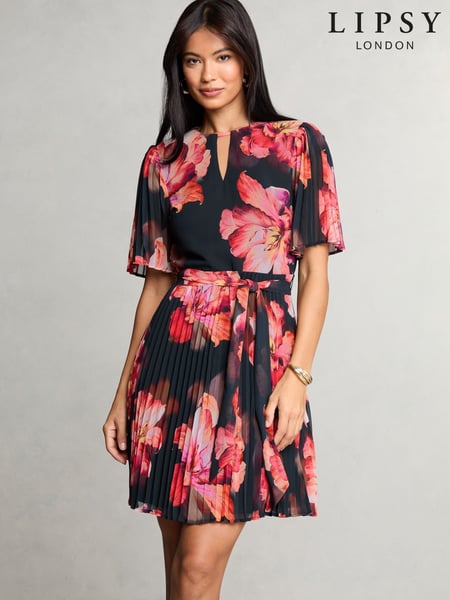 Lipsy Black Floral Pleated Mini Shift Dress (AT8545) | € 101