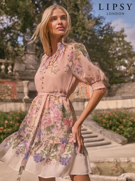 Lipsy Pink Floral Petite Short Sleeve Linen Look Mini Shirt Dress (AT8557) | € 92