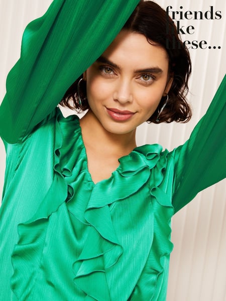 Friends Like These Green Long Sleeve Crinkle Satin Ruffle Front Blouse (AT9120) | € 55