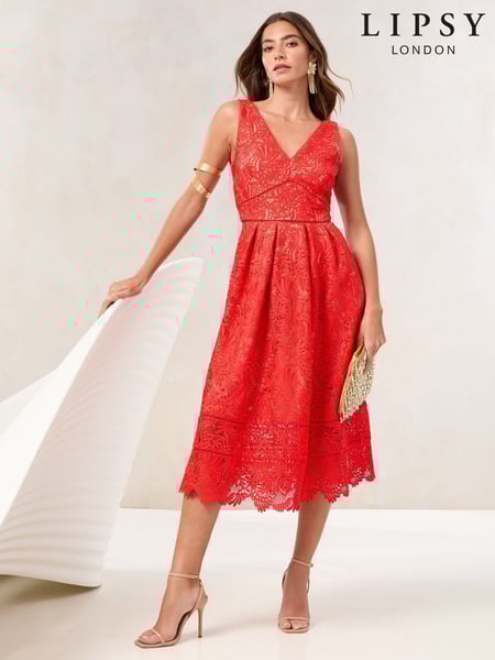 Lipsy Red Petite Premium Lace V-Neck Prom Midi Dress (AT9138) | € 237