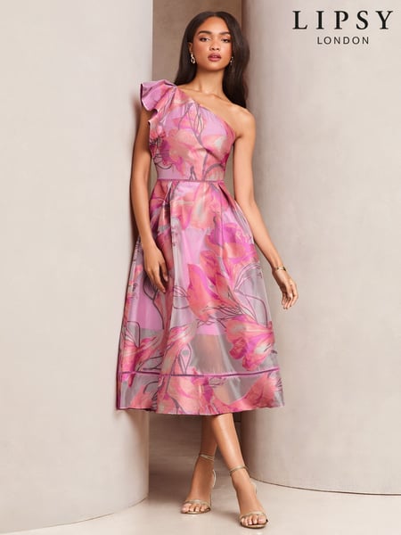 Lipsy Pink Premium Frill One Shoulder Floral Jacquard Prom Midi Dress (AT9205) | € 218