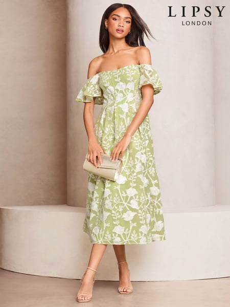 Lipsy Green Petite Premium Floral Embroidered Bardot Midi Prom Dress (AT9213) | € 211