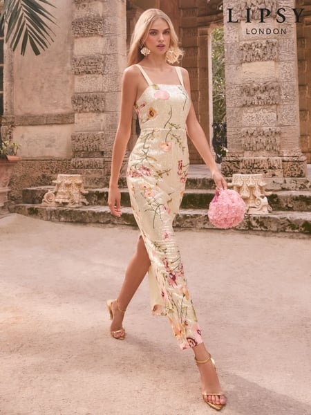 Lipsy Cream Premium Sequin Embroidered Cami Maxi Dress (AT9282) | € 242