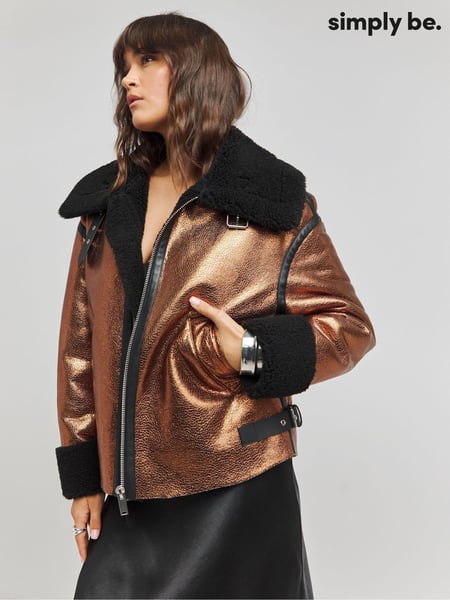 Simply Be Metallic Copper Shearling Aviator Coat (AT9429) | € 66