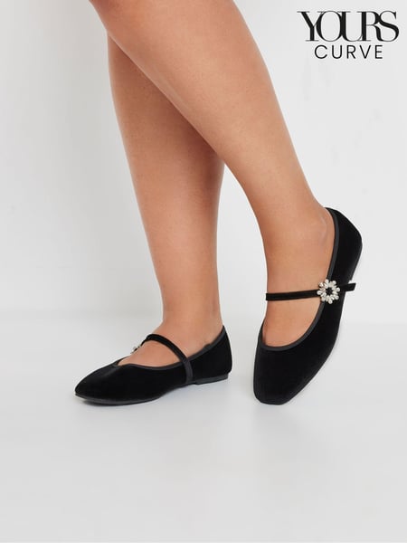Yours Curve Black Extra Wide Fit Diamante Clasp Velvet Mary Jane Shoes (AU0196) | € 45