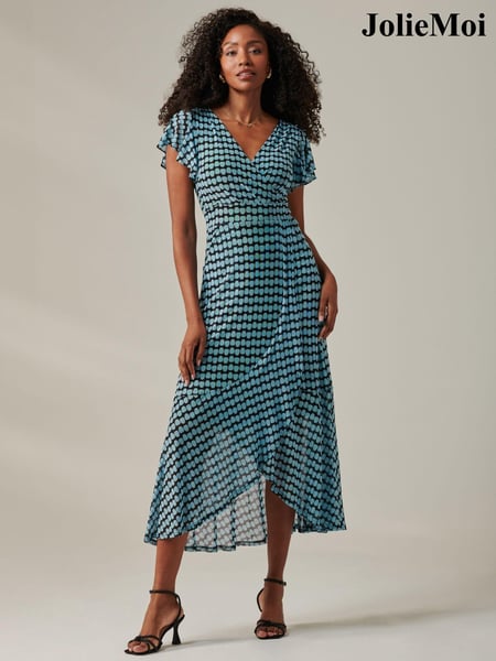 Jolie Moi Blue Geo Print Ruffle Hem Mesh Maxi Dress (AU0317) | € 133