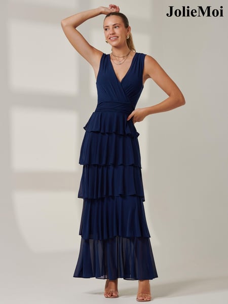 Jolie Moi Blue Plain Tiered Mesh Maxi Dress (AU0319) | € 148