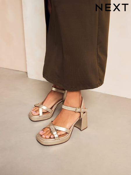 Gold Forever Comfort® Leather Square Toe Strappy Buckle Detail Platform Block Heels (AU0329) | € 79