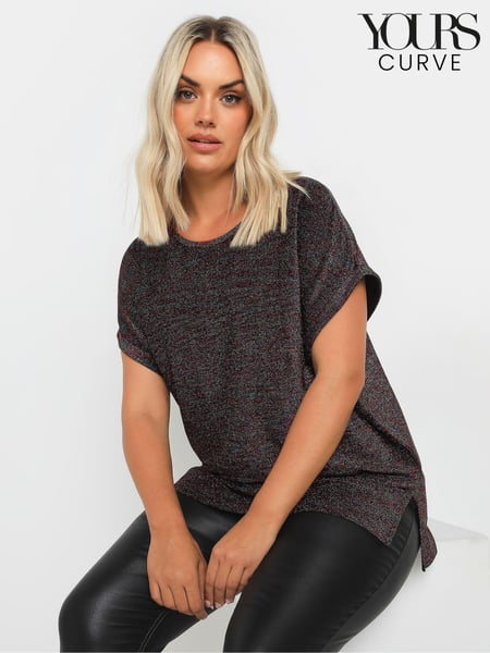 Yours Curve Black Rainbow Glitter Grown On Sleeve Top (AU0370) | € 37