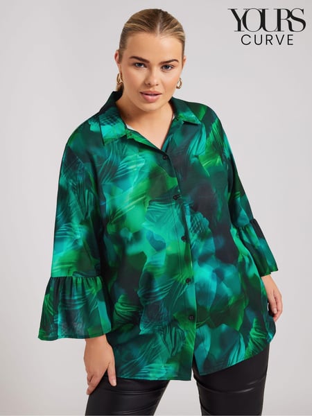 Yours Curve Green London Abstract Ruffle Sleeve Shirt (AU0378) | € 30
