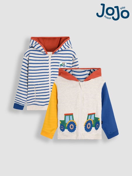 JoJo Maman Bébé Natural Tractor Appliqué Reversible Hoodie (AU0601) | € 43 - € 48