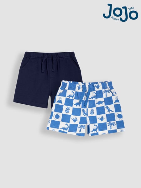 JoJo Maman Bébé Blue Dino & Navy Blue 2-Pack Printed & Plain Shorts (AU0613) | € 30 - € 35