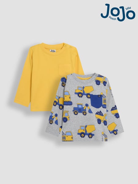 JoJo Maman Bébé Grey & Yellow Printed & Plain 100% Cotton Tops 2 Pack (AU0617) | € 34 - € 38
