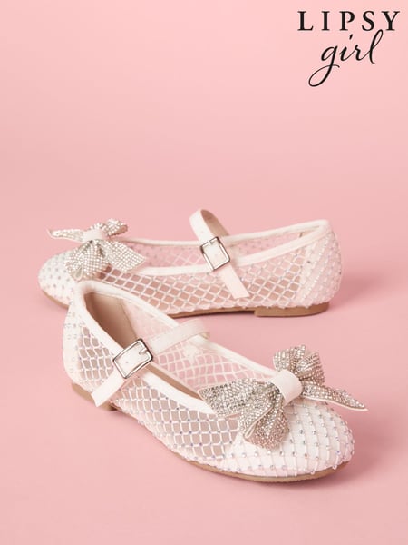 Lipsy White Flat Diamante Bow Occasion Ballerina Pumps (AU0643) | € 47 - € 53