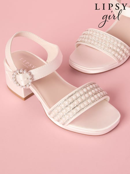 Lipsy White Low Block Heel Platform Pearl Occasion Sandals (AU0650) | € 47 - € 53