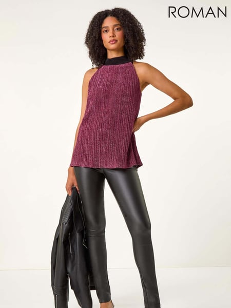 Roman Pink Glitter Plisse Halter Neck Top (AU0858) | € 62