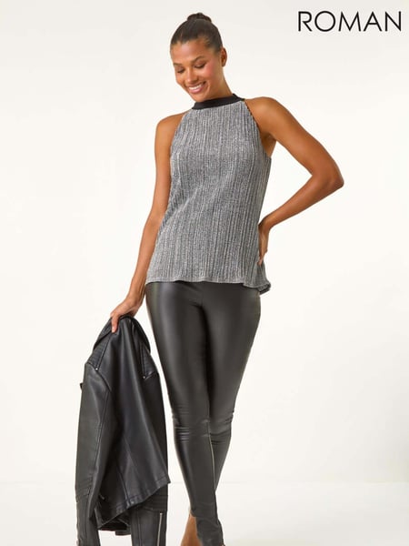 Roman Metallic Glitter Plisse Halter Neck Top (AU1089) | € 62