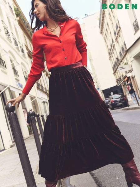 Boden Burgundy Viv Velvet Tiered Maxi Skirt (AU1506) | € 72