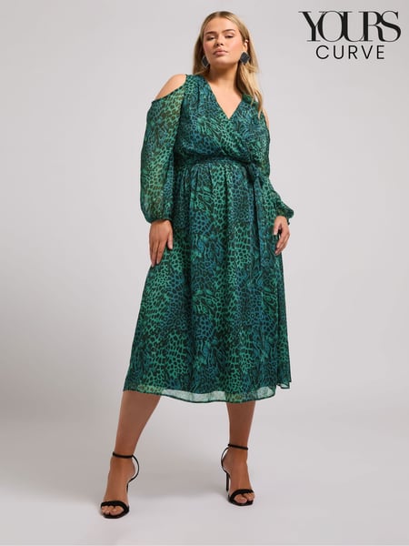 Yours Curve Green London Animal Print Cold Shoulder Dress (AU1888) | € 46