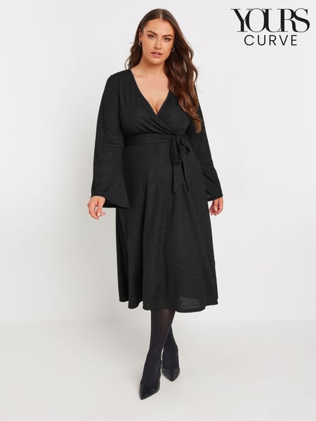 Yours Curve Black Wrap Flare Sleeve Textured Dress (AU1893) | € 53