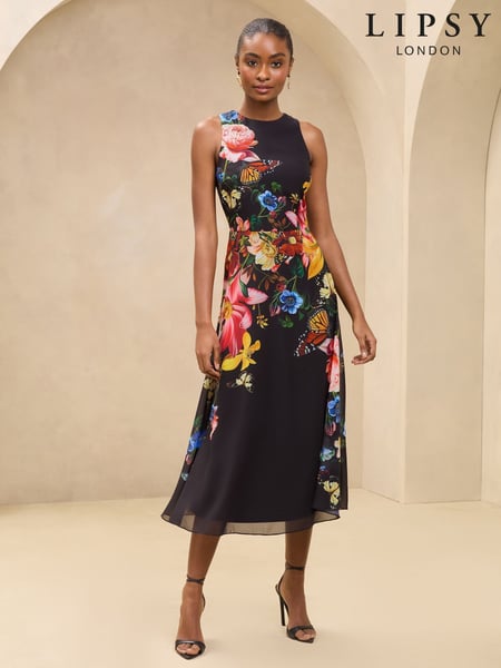 Lipsy Black Floral Printed Chiffon Fit And Flare Midi Dress (AU2028) | € 125