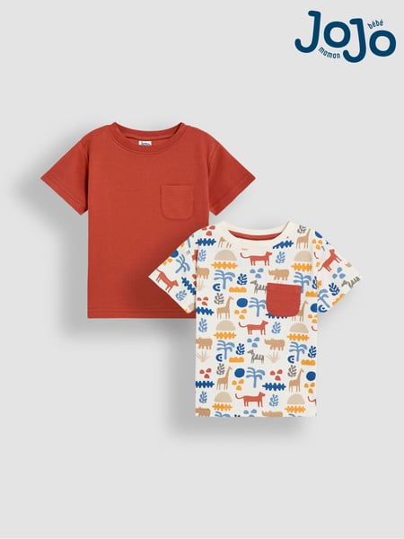 JoJo Maman Bébé Ecru Safari 2-Pack Printed & Plain T-Shirts (AU2085) | € 32 - € 37