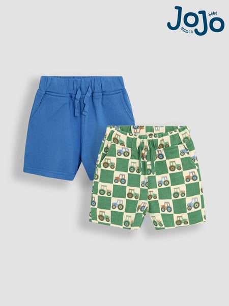 JoJo Maman Bébé Khaki Green Tractor & Solid Blue 2-Pack Printed & Plain Shorts (AU2203) | € 30 - € 35