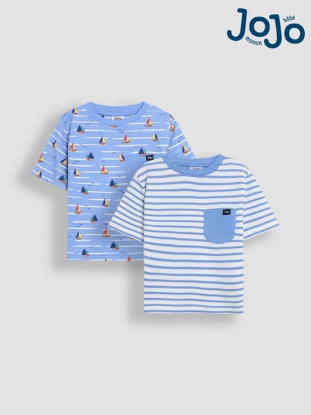 JoJo Maman Bébé Blue Sailboat Print & Stripe 100% Cotton T-Shirts 2 Pack (AU2206) | € 32 - € 37