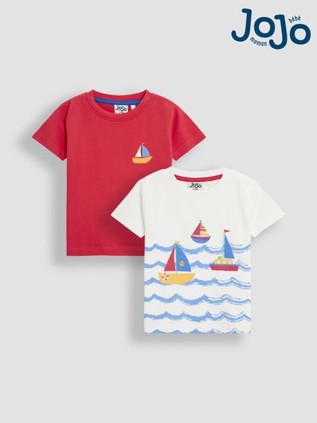 JoJo Maman Bébé White Sailboat 100% Cotton Printed & Plain T-Shirts 2 Pack (AU2221) | € 32 - € 37