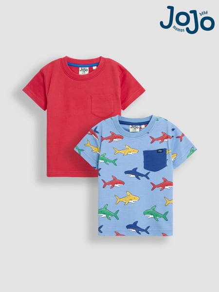 JoJo Maman Bébé Blue Shark 100% Cotton Printed & Plain T-Shirts 2 Pack (AU2242) | € 32 - € 37