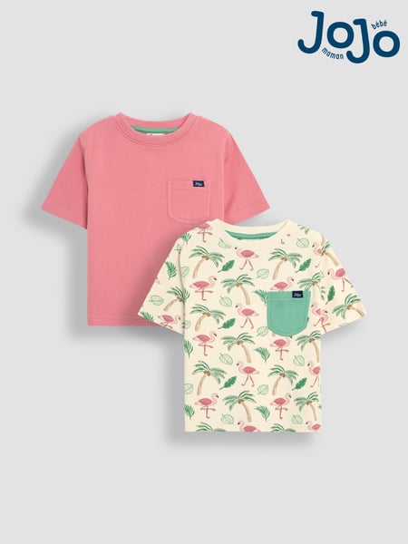 JoJo Maman Bébé Ecru Flamingo 2-Pack Printed & Plain T-Shirts (AU2251) | € 32 - € 37