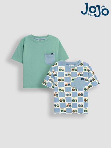 JoJo Maman Bébé Blue Tractor Checkerboard 2-Pack Printed & Plain T-Shirts (AU2252) | € 32 - € 37