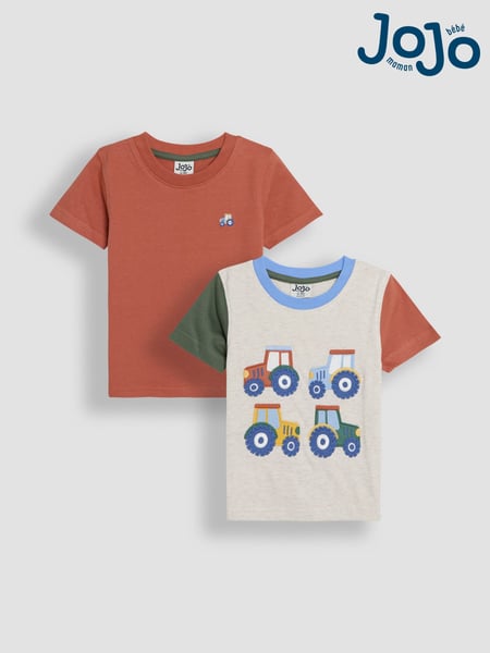 JoJo Maman Bébé Natural Tractor Appliqué & Plain 100% Cotton T-Shirts 2 Pack (AU2267) | € 32 - € 37