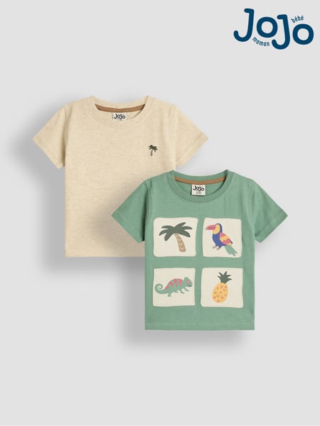 JoJo Maman Bébé Green Tropical Graphic 100% Cotton Printed & Plain T-Shirts 2 Pack (AU2270) | € 32 - € 37