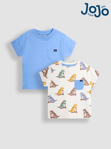 JoJo Maman Bébé Blue Scooting Dino 2-Pack Printed & Plain T-Shirts (AU2276) | € 32 - € 37