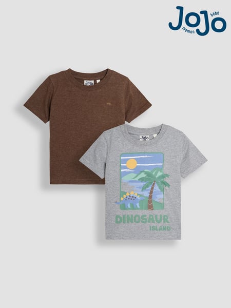 JoJo Maman Bébé Marl Grey Dino Island Graphic Printed & Plain T-Shirts 2 Pack (AU2279) | € 32 - € 37