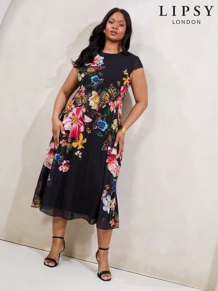 Lipsy Black Curve Floral Printed Chiffon Fit And Flare Midi Dress (AU2511) | € 125