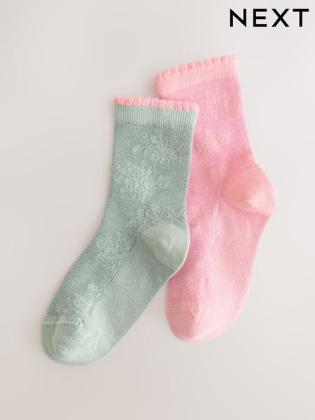 Pink/Green Cotton Rich Lace Patterned Ankle Socks 2 Pack (AU3117) | € 6 - € 9