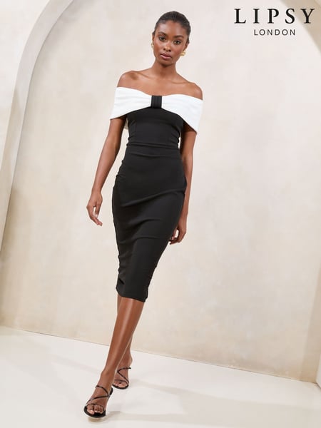 Lipsy Black Twist Front Bardot Bodycon Midi Dress (AU3157) | € 108
