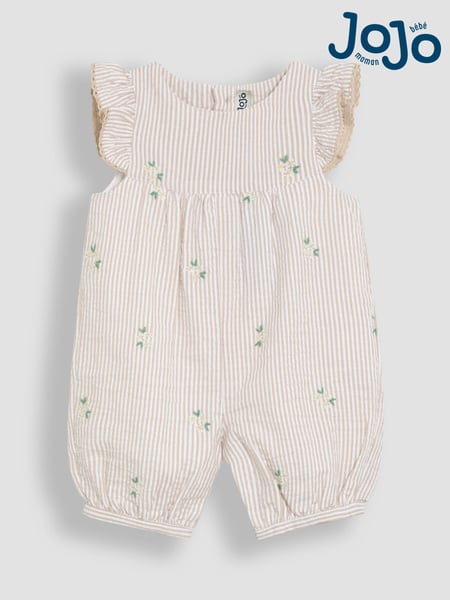 JoJo Maman Bébé Natural Daisy Striped Seersucker Pretty Ruffle Shoulder Embroidered Sunsuit (AU4160) | € 37 - € 38