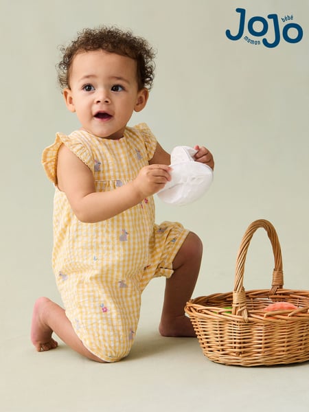 JoJo Maman Bébé Yellow Bunny Gingham Pretty Ruffle Shoulder Embroidered Sunsuit (AU4162) | € 37 - € 38