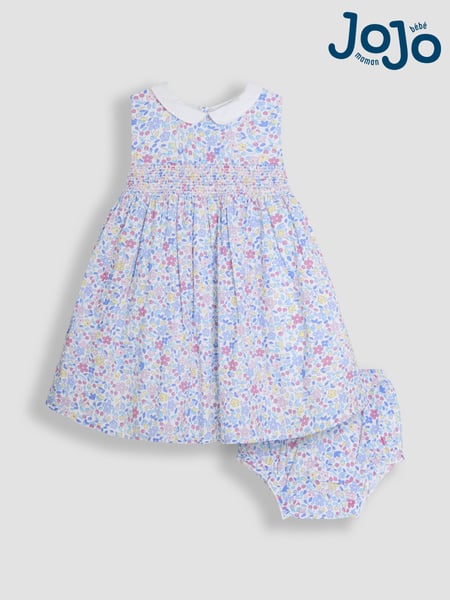 JoJo Maman Bébé Pink Cherry Ditsy Floral Print Smocked Sleeveless Summer 100% Cotton Dress (AU4199) | € 48 - € 57