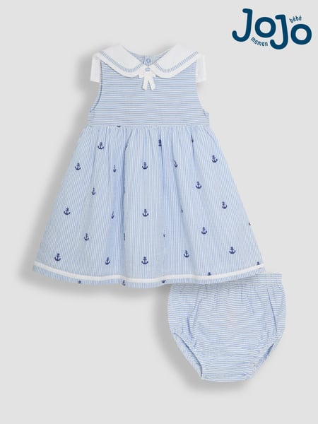 JoJo Maman Bébé Blue Nautical Embroidered Seersucker Sailor Baby Dress (AU4236) | € 45 - € 46